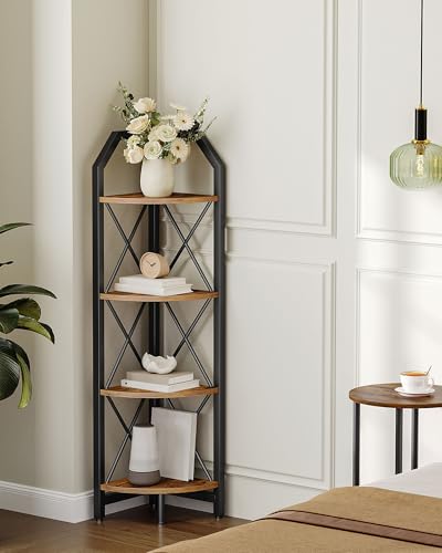 47.6" Corner Shelf, 4-Tier Industrial Corner Bookshelf, Corner Storage Stand, Corner Bookcase for Bedroom, Living Room, Home Office, Rustic Brown and Black TCJ09BF - color: Rustic Brown and Black, size: 4-Tier