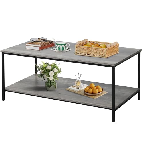 SENIG 2-Tier Coffee Table with Storage Shelf for Living Room | Grey Oak Rectangle Wood and Sturdy Metal Side End Table Functional Center Table for Home Kitchen, 39.3 x 20 x 16 - color: Grey Oak, size: 39.3in