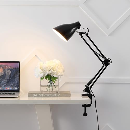 JONATHAN Y Odile 28.5" Metal Adjustable Clamp-On Task Lamp, Black | Industrial Articulated Swing Arm Architect Design, Vintage Shade, In-Line Switch, Studio Work, LED Bulb Included - color: Black