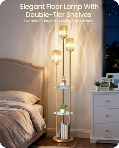 Gold Floor Lamp with Shelves, Modern Floor Lamp with 3 Crystal Shades and Foot Switch, 3-Light Standing Lamp with 3 Shelves, for Living Room, Bedroom, Study, Office, Gold D53LD05 - color: Gold + Crystal Glass