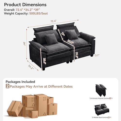 72'' Cloud Modern Loveseat Couch with Detachable Headrest, Modular Sectional Sofa Couch Deep Love Seat, Oversized 2 Seater Chenille Comfy Sofa with Armrests for Living Room, Dark Grey - color: Dark Grey, size: Loveseat