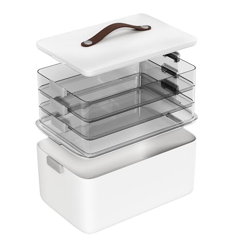 MOPALL Craft Medicine Cabinet Organizers Storage Box for Art Supply Sewing | 4-Tier Mega Capacity, Portable Latch Bin with Lid, Leather Handle, Space-Saving, for Home Office, Pill Bottle, First Aid