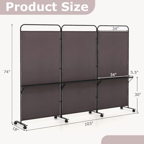 Giantex 3 Panel Room Divider with Wheels and Shelves, 103" W x 74" H Folding Privacy Screen, Rolling Partition Separator for Home Office Studio, Fabric Wall Divider for Room Separation (Brown) - color: Brown