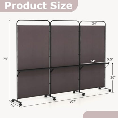 Giantex 3 Panel Room Divider with Wheels and Shelves, 103" W x 74" H Folding Privacy Screen, Rolling Partition Separator for Home Office Studio, Fabric Wall Divider for Room Separation (Brown) - color: Brown