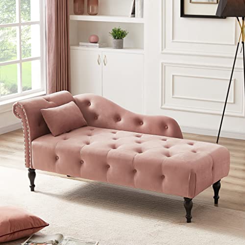 60" Modern Velvet Chaise Lounge Indoor,Upholstered Lounge Chair with Left Armrest and Lumbar Pillow, Button Tufted Lounge Sofa for Living Room Bedroom Office,Mini Chaise Longue Sofa (Pink) - color: Pink