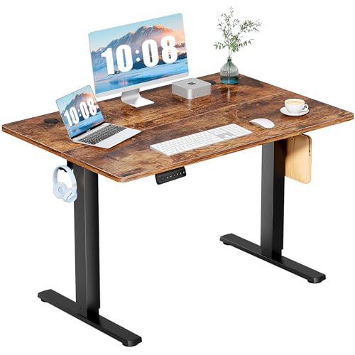 DUMOS 48 Inch Electric Standing Desk, Memory Adjustable Home Office Desk | Sit Stand Up Desk for Work Home Office,Adjustable Desk, Rising Computer Table with Splice Board,Cable Management,Hook,Brown - color: Rustic, size: 48-Inch