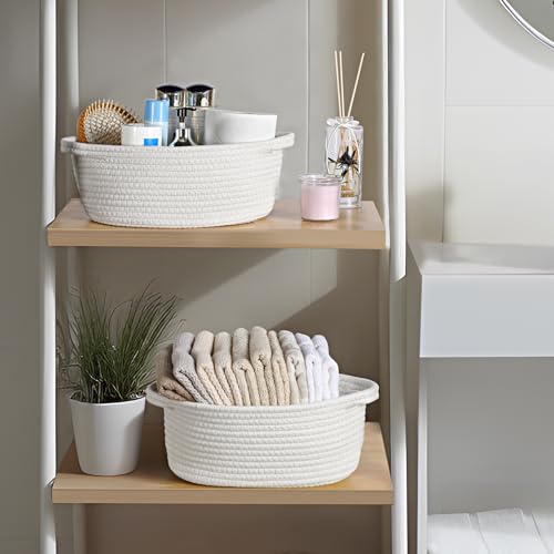 8 Pack Small Woven Basket with Gift Bags and Ribbons, All 12"x 8"x 5", Empty Decorative Gift Chest Box, Cute Baby Gift Basket for Nursery, Cotton Rope Room Shelf Storage Basket with Handles, White