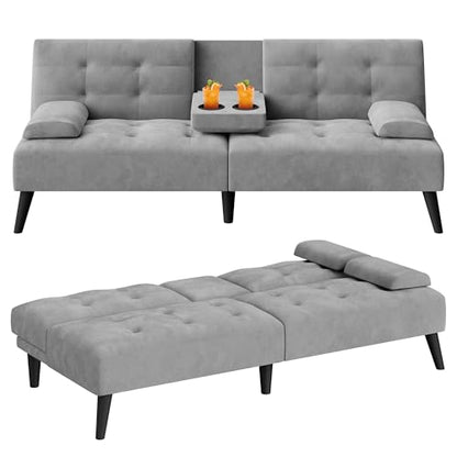 64" Futon Sofa Bed, Convertible Loveseat with 2 Cup Holders, Small Couch with 3 Adjustable Angles & Removable Armrest, Light Grey - color: Light Grey