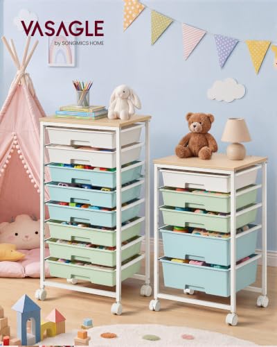 VASAGLE 8-Drawer Rolling Storage Cart, Utility Cart with Wheels and Wood Top, Craft Organizer for Office and Home, 15.6 x 11.2 x 30.1 inch, Green and White, Benco Collection ULRC006C101 - color: Green + White, size: 8 Drawer
