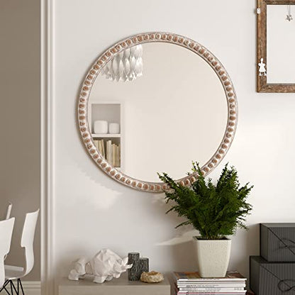 COZAYH Distressed Wood Frame Accent Mirror, Rustic Farmhouse Style Decorative Wall Mirror (Round) - size: 29.2"L x 1"W