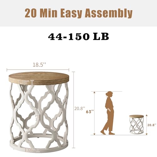 karlott Farmhouse End Table, French Country Round Side Table, Beige | Curved Motif Frame Base With Distressed Tray Top, Boho Accent Table Ideal, End Tables for Living Room, Small Space, Bedroom - size: End Table 18.5 Inches