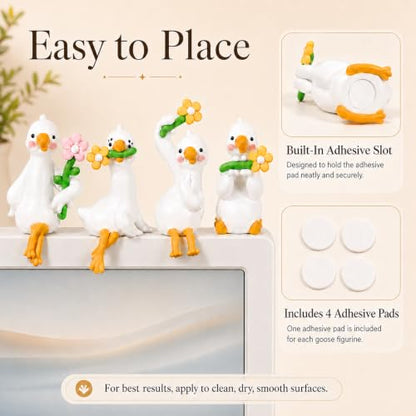 4Pcs Mini Resin Goose Figurines Set, Cute Desk Pets with Cable Holder | Computer Monitor Hanging Animals, Small Goose for Monitor, Bookshelf, Car Dashboard, Photo Frame, Goose Gifts for Coworkers