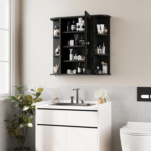 Shintenchi Bathroom Medicine Cabinet with Mirror, Wall Mounted, Black - color: Black