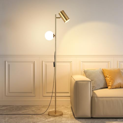 Gold Brass Brushed Floor Lamp, 3-Color Dimmable Bulb, 63" Tall | Dual Light Sources Switch Independent Control, Glass & Metal Shades, Ideal Reading Light for Living Room Couch Bedroom Office - color: Gold