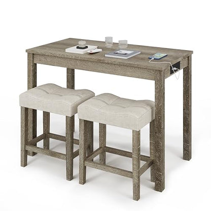 allamazing 3-Piece Counter Height Bar Table Set with Socket and 2 Fabric Padded Bar Stools, Tall Kitchen Breakfast Dining Table Set with Stools (1+2 Natural) - color: 1+2 Natural