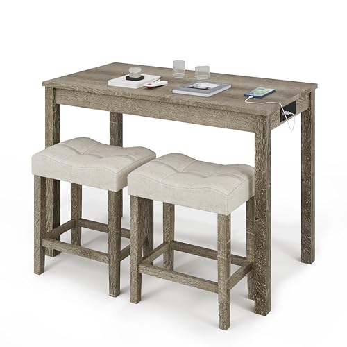 allamazing 3-Piece Counter Height Bar Table Set with Socket and 2 Fabric Padded Bar Stools, Tall Kitchen Breakfast Dining Table Set with Stools (1+2 Natural) - color: 1+2 Natural