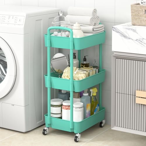 Sywhitta 3-Tier Plastic Rolling Utility Cart with Handle, Multi-Functional Storage Trolley for Office, Living Room, Kitchen, Movable Storage Organizer with Wheels, Green | Multi-Functional Storage Trolley, for Office, Living Room, Kitchen, Bathroom,Movabl