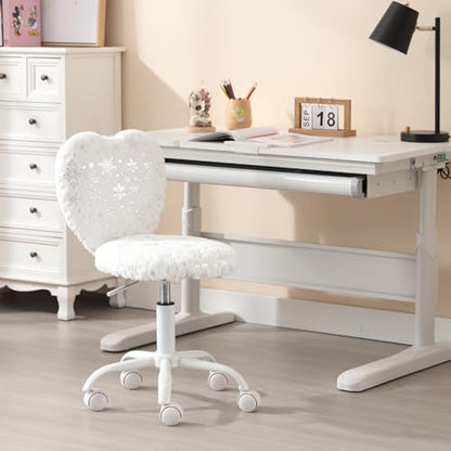 chairus Kids Desk Chair Faux Fur Study Chair for Teenage Girls, Adjustable Heart Shaped Kids Vanity Chair for Bedroom Reading Living Room, Small Cute Student Task Chair with White Foot, Snowflake - color: Snowflake
