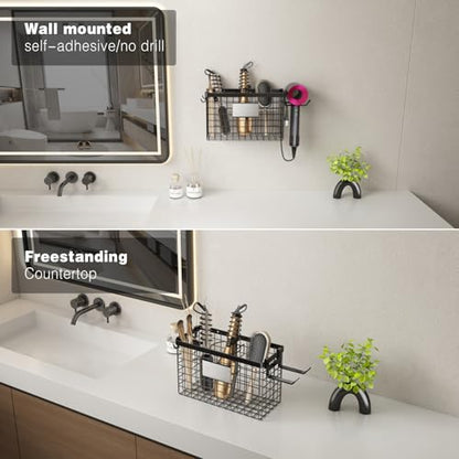 Voldra Hair Dryer Holder Cabinet Door, Adhesive Hair Tool Organizer Wall Mount Adjustable Height Blow Dryer Holder Under Sink/Countertop for Flat Curling Iron, Hair Brush and Straightener (1, Black) - color: Black