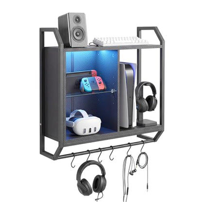 Gaming Floating Wall Shelves with LED Lights, Wall Mounted Shelf | 24" Shelf with Adjustable Glass Bar & 6 Hooks, Gaming Wall Shelf for Bedroom Gaming Room Living Room Office