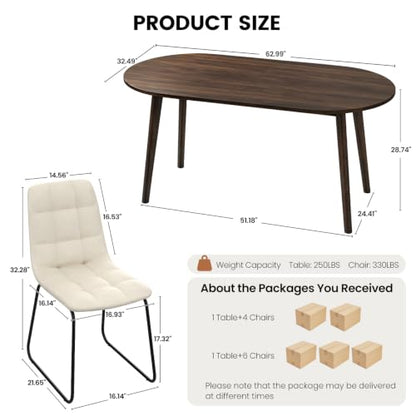 63" Oval Dining Table Set for 4 with Solid Wood Legs | 5 Piece Walnut Dining Table Set for Kitchen and Dining Room Furniture, 4 Beige Dining Chairs, Mid Century Modern - color: Walnut Table C-beige Chairs