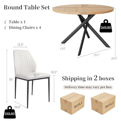 HIPIHOM 45.3 Inch Round Dining Table Set for 4, Mid Century Modern Small Kitchen Coffee Set for Dining Room Kitchen Apartment (Oak Table + 4 White Chairs) - color: Oak Table+4 White Chairs
