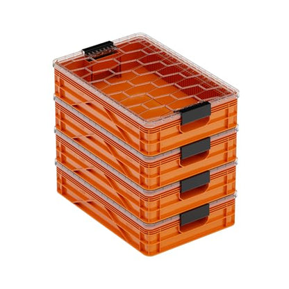 Quarter Crate 4-Pack Stackable Storage Bins, Orange | Polypropylene, 14 dividers included, 19.16x12.75x4.57 in, over 1000 lb stack, lids sold separately - color: Orange