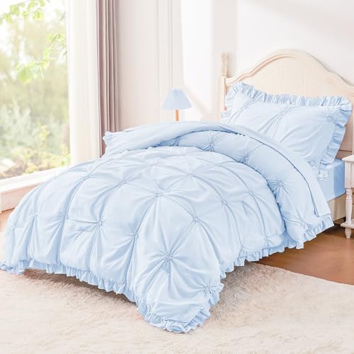 Twin Comforter Set for Girls, Boho Pintuck Bedding Comforter Sets, 4 Pieces Ruffles Jacquard Embroidery Twin Bedding Sets with Comforter, Fitted Sheet, Flat Sheet and Pillowcase, Blue - color: Blue, size: Twin