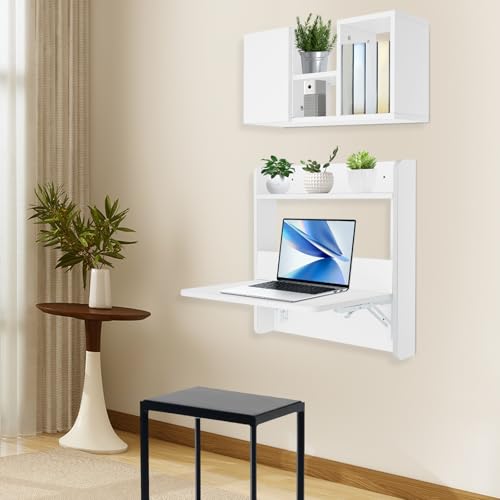 Floating Desk | Wall-Mount Computer Desk | Fold Down Laptop Desk | Writing Study Table | Folding Table Workstation | with Storage Shelves | 14.2in Wide Tabletop (White) - color: White
