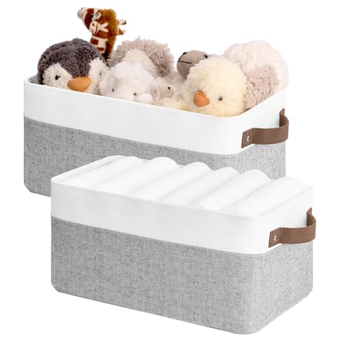 StorageWorks Narrow Storage Bins, Gray and White, 2-Pack | With Metal Frame, Sturdy Structure, PU Handles, Toilet Paper Storage, Small Storage Bins, For Bathroom, Closet, Shelf - color: Grey and White, size: 15"L x 7¾"W x 7¼"H