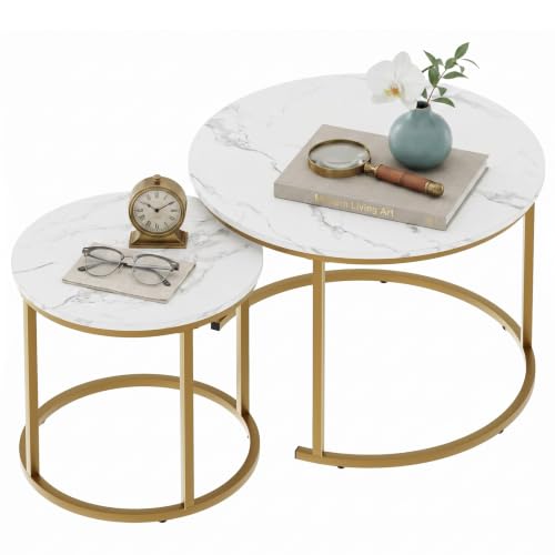 aboxoo Nesting Coffee Table Round Tables for Living Room,Faux Marble Round Accent Table with Gold Metal Frame,Modern Stackable End Table for Living Room Bedroom Small Space - color: White Marble & Gold