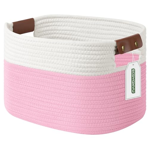 ECDYQXVU 15x10x9 Woven Cotton Rope Storage Basket, Leather Handles 1 Pack | Foldable Design, Sturdy PU Handles, Easy to Clean Organizer for Living Room, Closet, Shelves, Bedroom, Laundry, Clothes - color: White/Pink-1Pack, size: 1 Pack