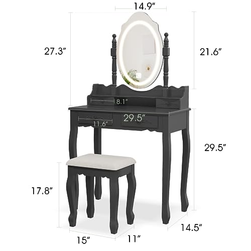 Vanity Desk with Mirror and Lights, Makeup Table with Cushioned Stool Set | Modern Vanity with 4 Drawers, 3 Color Lighting Modes with Adjustable Brightness, Dressing Table Set for Bedroom, Black Vanity - style: Black Vanity