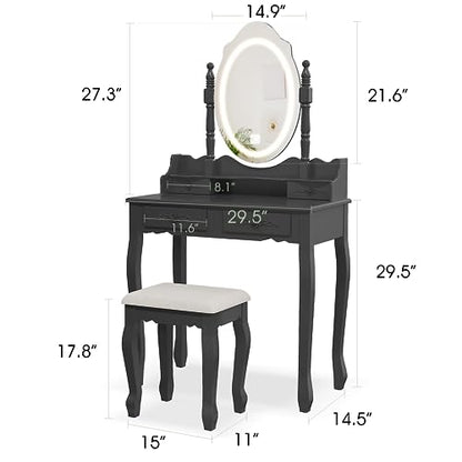 Vanity Desk with Mirror and Lights, Makeup Table with Cushioned Stool Set | Modern Vanity with 4 Drawers, 3 Color Lighting Modes with Adjustable Brightness, Dressing Table Set for Bedroom, Black Vanity - style: Black Vanity
