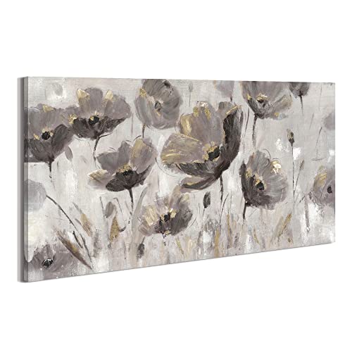 Flower Canvas Wall Art Picture: Floral Abstract Blossom Painting Decor Horizontal Poppy Botanical Print Textured Taupe Wildflower Bloom Artwork for Home Office - color: Taupe Flowers, size: 40"L x 20"W
