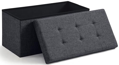 Ornavo Home 30 Inch Folding Storage Ottoman Bench, Tufted Linen, Black | Upholstered Large Ottoman with Lid; Foot Rest Stool; Ideal for Bedroom, Living Room or Entryway - color: Black, size: 15"d X 30"w X 15"h