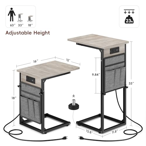C-Shaped End Tables Set of 2 with Charging Station, 33'' Tall C Table Adjustable Height Side Table, Sofa Table for Couch, Couch Table that Slide Under Sofa, TV Trays for Living Room, Greige - color: 2pc Greige, style: With Plug