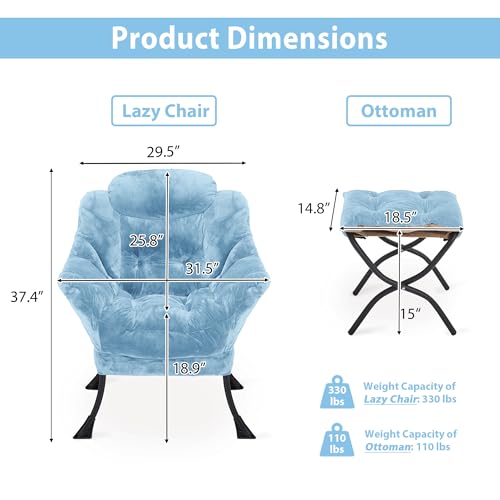 Youtanic Lazy Chair with Folding Ottoman, Accent Chair Plush Upholstered with Metal Structure and Non-Slip Pads, Sofa Armchair with Footrest and Side Storage Bag for Dorm, Room, Office, Blue - color: Plush Blue