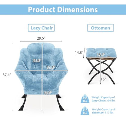 Youtanic Lazy Chair with Folding Ottoman, Accent Chair Plush Upholstered with Metal Structure and Non-Slip Pads, Sofa Armchair with Footrest and Side Storage Bag for Dorm, Room, Office, Blue - color: Plush Blue
