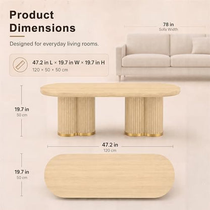 Oval Fluted Coffee Tables for Living Room, 47" Wood Coffee Table,Oak - color: Oak