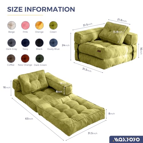 MAXYOYO Folding Sofa Bed, Convertible Chair Bed with Pillow | L-Shaped Floor Sofa with Armrest and Pillow, Foldable Portable Fold Out Comfy Chair Bed for Living Room Bedroom, Green - color: Green