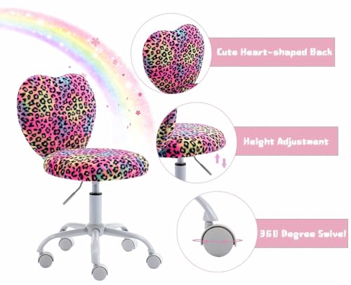 chairus Kids Desk Chair Faux Fur Small Study Chair for Teenage Girls, Adjustable Heart Shaped Kids Vanity Chair for Bedroom Reading Living Room, Cute Student Task Chair with White Foot, Leopard - color: Leopard