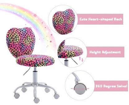 chairus Kids Desk Chair Faux Fur Small Study Chair for Teenage Girls, Adjustable Heart Shaped Kids Vanity Chair for Bedroom Reading Living Room, Cute Student Task Chair with White Foot, Leopard - color: Leopard