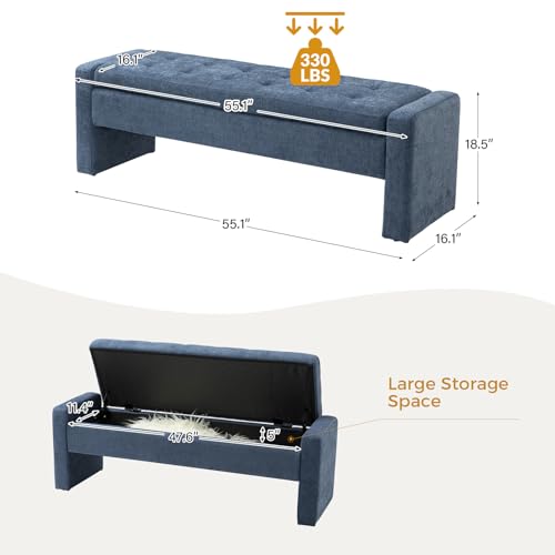 55" Modern Upholstered Storage Bench with Tufted Seat, Fabric Ottoman Bench for Bedroom, Entryway, or Living Room, Soft Close Hinge,Navy - color: Navy
