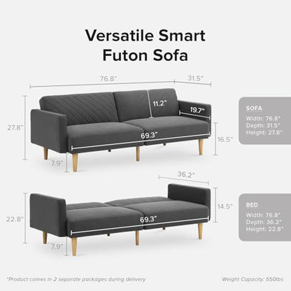 mopio 76.4" Futon Sofa Bed Chevron Styled, Sleeper Couch(Dark Gray Fabric) | Click-clack back drops for instant guest lodging; slim profile and retro legs suit apartments beautifully. - color: Dark Gray Fabric