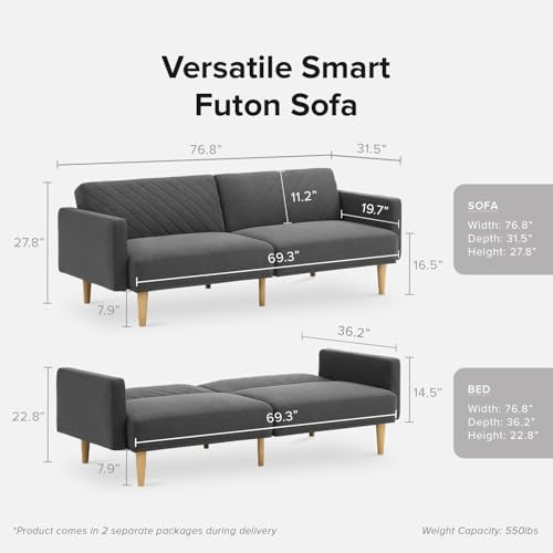 mopio 76.4" Futon Sofa Bed Chevron Styled, Sleeper Couch(Dark Gray Fabric) | Click-clack back drops for instant guest lodging; slim profile and retro legs suit apartments beautifully. - color: Dark Gray Fabric