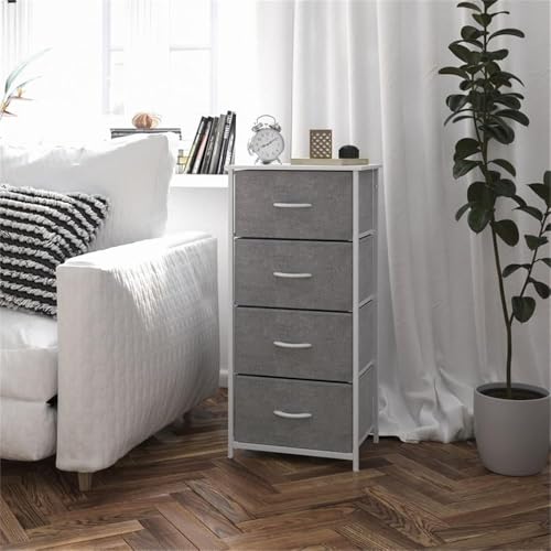 Pemberly Row Contemporary 4 Drawer Dresser, 17.75" W x 12.5" D x 37.25" H, Cast Iron Frame with White Wood Top, Gray Non-Woven Fabric Drawers, Adjustable Floor Glides, Vertical Storage Organizer for