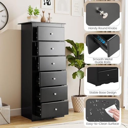 GIANTEX 6-Drawer Dresser for Bedroom, Wooden Chest of Drawers w/Metal Handles & Large Capacity, 16" D x 23.5" W x 53.5" H Clothes Organizer, Modern Tall Dresser for Bedroom, Entryway, Living Room - color: Black