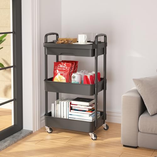 Calmootey 3-Tier Rolling Utility Cart with Drawer,Multifunctional Storage Organizer with Plastic Shelf & Metal Wheels,Storage Cart for Kitchen,Bathroom,Living Room,Office,Black | Space-Saving Organizer, Sturdy Plastic Shelves, Smooth-Rolling Metal Wheels,