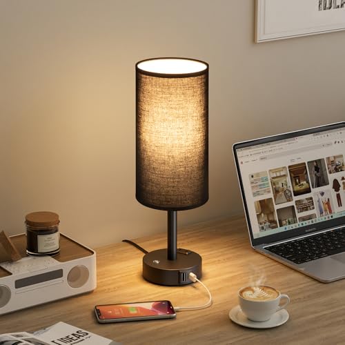 Black Touch Bedside Lamp for Bedroom, Stepless Dimmable, USB A+C, AC Outlet | Base Touch Button Only, Memory Brightness, Ultra-dim Night Light, Included Bulb for Optimal Dimming, Black Fabric Shade, Desk - color: Black & Black